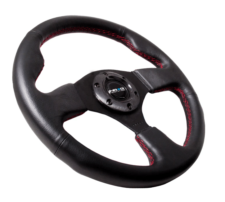 NRG Innovations 320MM Steering Wheel w/ Black Center, Red Stitching and Leather Grip - RST - 012R - RS - Subimods.com