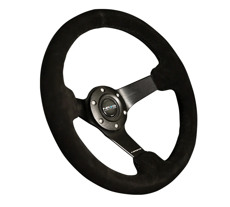 NRG Innovations 330mm Deep Dish Steering Wheel w/ Black Center, Black Stitching and Black Sparkled Suede Grip - RST - 033BK - S - Subimods.com