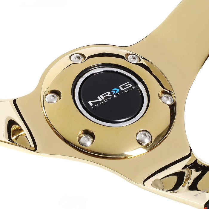 NRG Innovations 350MM Deep Dish Steering Wheel w/ Gold Center, Red Baseball Stitching and Black Suede Grip - RST - 036GD - S - Subimods.com