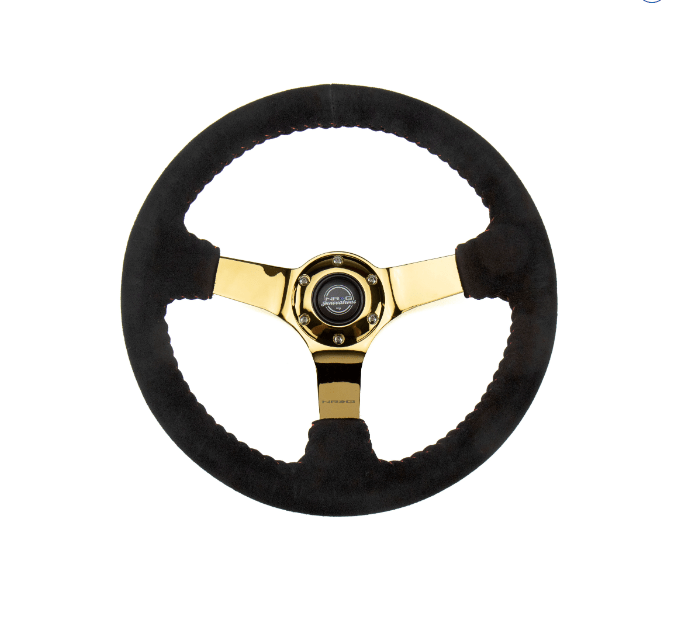 NRG Innovations 350MM Deep Dish Steering Wheel w/ Gold Center, Red Baseball Stitching and Black Suede Grip - RST - 036GD - S - Subimods.com