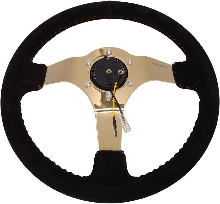 NRG Innovations 350MM Deep Dish Steering Wheel w/ Gold Center, Red Baseball Stitching and Black Suede Grip - RST - 036GD - S - Subimods.com