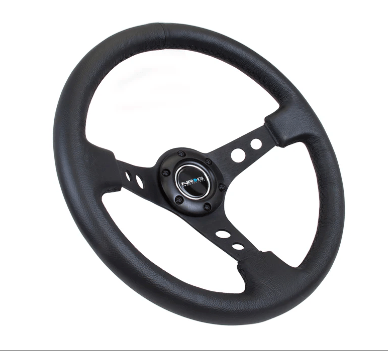 NRG Innovations 350MM Deep Dish Steering Wheel w/ Holes, Black Center, Black Stitching and Black Leather Grip - RST - 006BK - Subimods.com