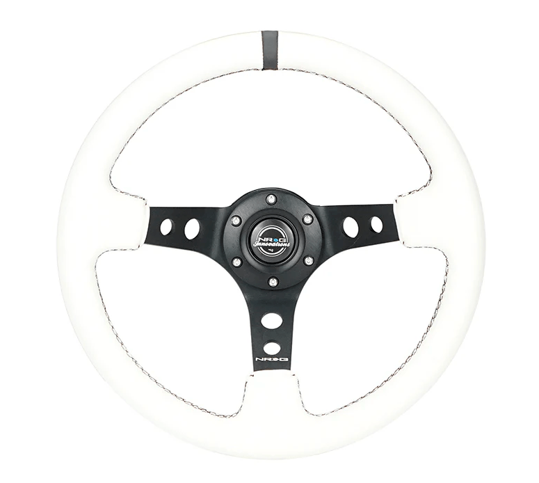 NRG Innovations 350MM Deep Dish Steering Wheel w/ Holes, Black Center, Black Stitching, Black Stripe and White Leather Grip - RST - 006BK - WT - B - Subimods.com