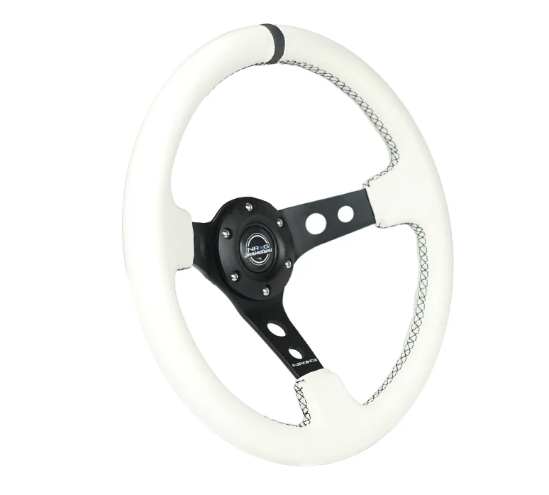NRG Innovations 350MM Deep Dish Steering Wheel w/ Holes, Black Center, Black Stitching, Black Stripe and White Leather Grip - RST - 006BK - WT - B - Subimods.com