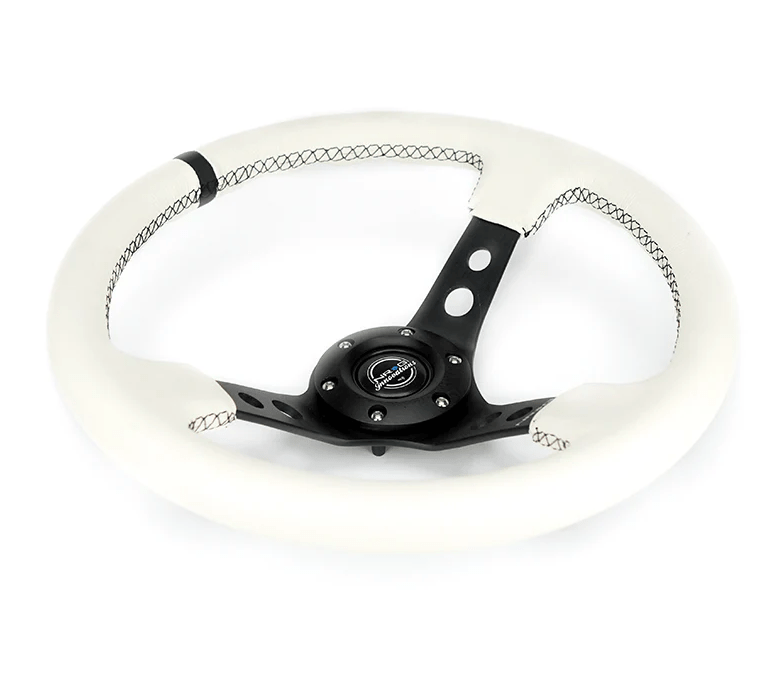 NRG Innovations 350MM Deep Dish Steering Wheel w/ Holes, Black Center, Black Stitching, Black Stripe and White Leather Grip - RST - 006BK - WT - B - Subimods.com