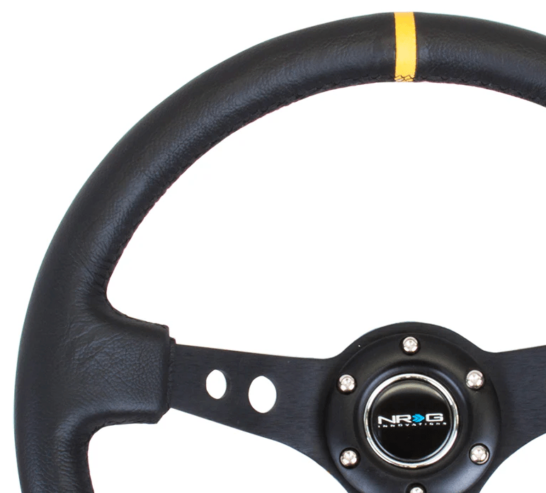 NRG Innovations 350MM Deep Dish Steering Wheel w/ Holes, Black Center, Black Stitching, Yellow Stripe and Black Leather Grip - RST - 006BK - Y - Subimods.com