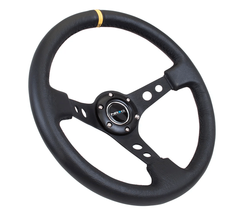 NRG Innovations 350MM Deep Dish Steering Wheel w/ Holes, Black Center, Black Stitching, Yellow Stripe and Black Leather Grip - RST - 006BK - Y - Subimods.com