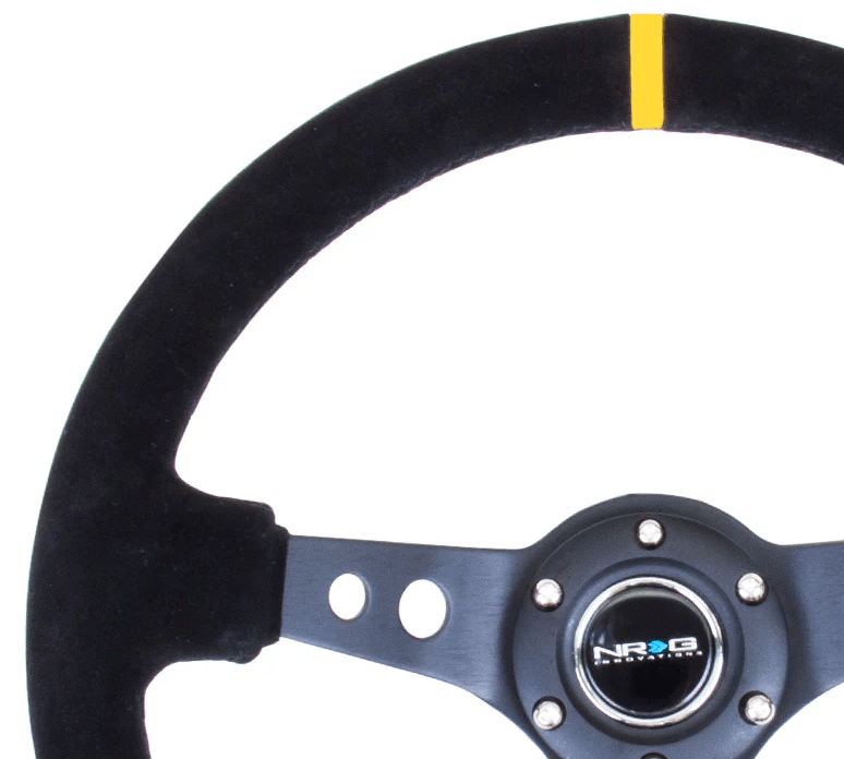 NRG Innovations 350MM Deep Dish Steering Wheel w/ Holes, Black Center, Black Stitching, Yellow Stripe and Black Suede Grip - RST - 006S - Y - Subimods.com