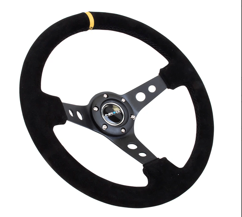 NRG Innovations 350MM Deep Dish Steering Wheel w/ Holes, Black Center, Black Stitching, Yellow Stripe and Black Suede Grip - RST - 006S - Y - Subimods.com