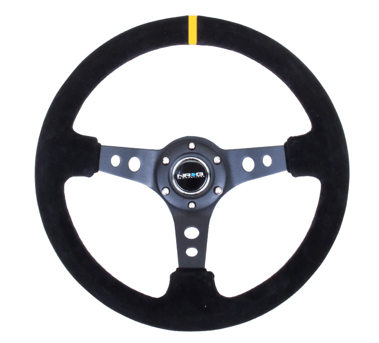NRG Innovations 350MM Deep Dish Steering Wheel w/ Holes, Black Center, Black Stitching, Yellow Stripe and Black Suede Grip - RST - 006S - Y - Subimods.com