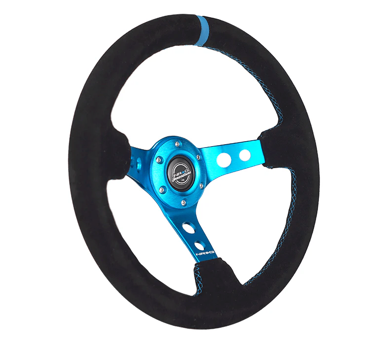 NRG Innovations 350MM Deep Dish Steering Wheel w/ Holes, Black Center, Blue Stitching, Blue Stripe and Black Suede Grip - RST - 006S - BL - Subimods.com