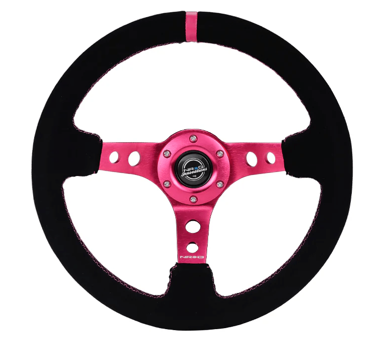 NRG Innovations 350MM Deep Dish Steering Wheel w/ Holes, Fuschia Center, Fuschia Stitching, Fuschia Stripe, and Black Suede Grip - RST - 006S - FH - Subimods.com