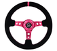 NRG Innovations 350MM Deep Dish Steering Wheel w/ Holes, Fuschia Center, Fuschia Stitching, Fuschia Stripe, and Black Suede Grip - RST - 006S - FH - Subimods.com