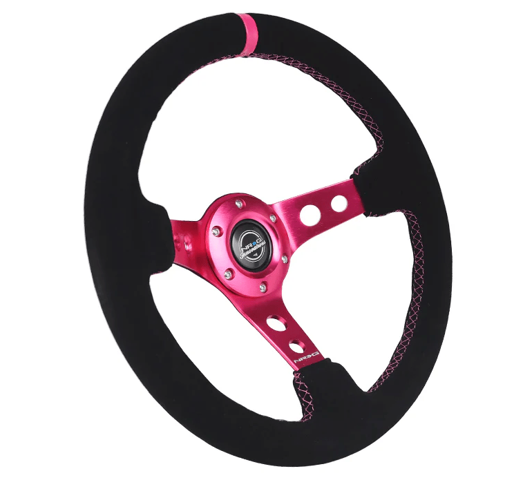 NRG Innovations 350MM Deep Dish Steering Wheel w/ Holes, Fuschia Center, Fuschia Stitching, Fuschia Stripe, and Black Suede Grip - RST - 006S - FH - Subimods.com