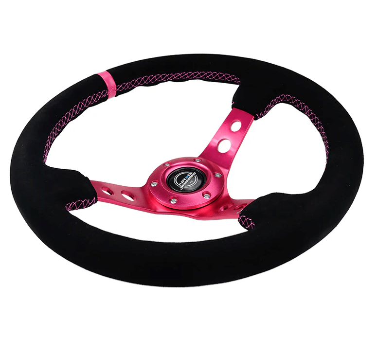 NRG Innovations 350MM Deep Dish Steering Wheel w/ Holes, Fuschia Center, Fuschia Stitching, Fuschia Stripe, and Black Suede Grip - RST - 006S - FH - Subimods.com