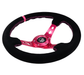 NRG Innovations 350MM Deep Dish Steering Wheel w/ Holes, Fuschia Center, Fuschia Stitching, Fuschia Stripe, and Black Suede Grip - RST - 006S - FH - Subimods.com