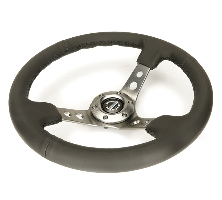 NRG Innovations 350MM Deep Dish Steering Wheel w/ Holes, Gunmetal Center, Black Stitching, and Black Leather Grip - RST - 006GM - Subimods.com