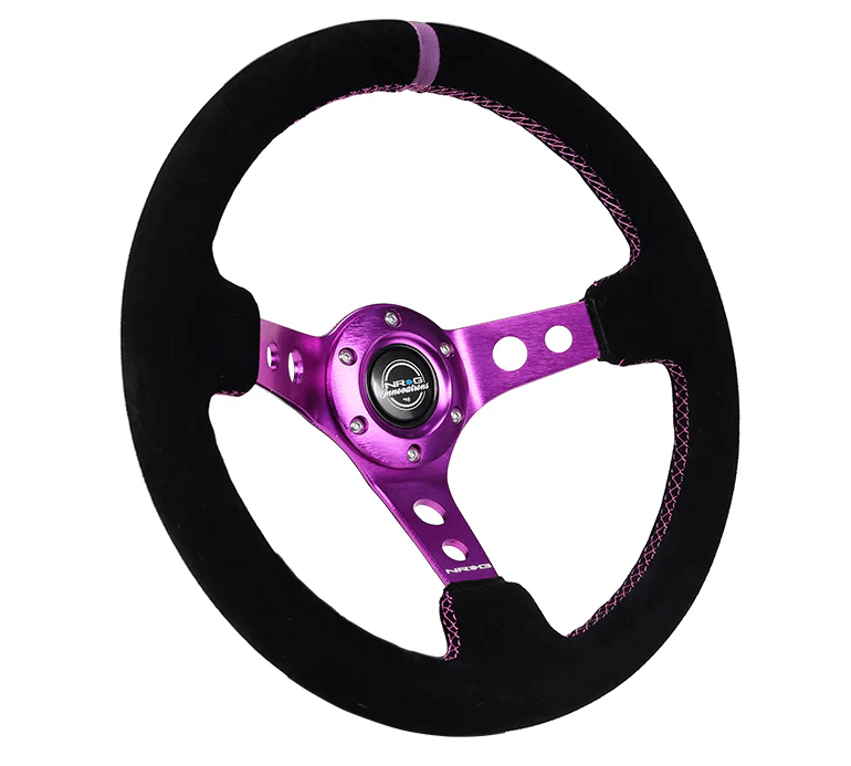 NRG Innovations 350MM Deep Dish Steering Wheel w/ Holes, Purple Center, Purple Stitching, Purple Stripe, and Black Suede Grip - RST - 006S - PP - Subimods.com