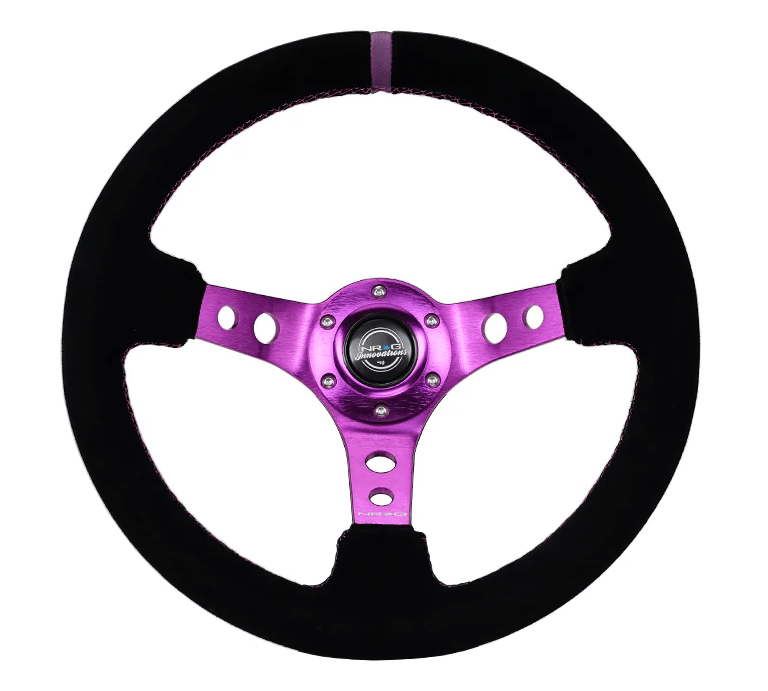 NRG Innovations 350MM Deep Dish Steering Wheel w/ Holes, Purple Center, Purple Stitching, Purple Stripe, and Black Suede Grip - RST - 006S - PP - Subimods.com