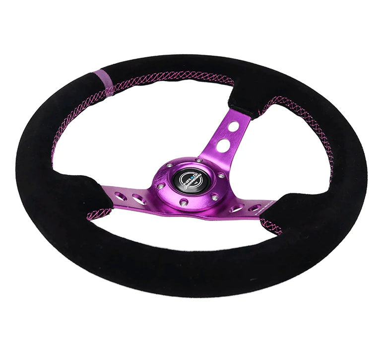 NRG Innovations 350MM Deep Dish Steering Wheel w/ Holes, Purple Center, Purple Stitching, Purple Stripe, and Black Suede Grip - RST - 006S - PP - Subimods.com