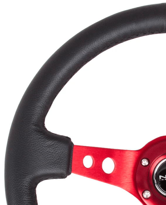 NRG Innovations 350MM Deep Dish Steering Wheel w/ Holes, Red Center, Black Stitching, and Black Leather Grip - RST - 006RD - Subimods.com