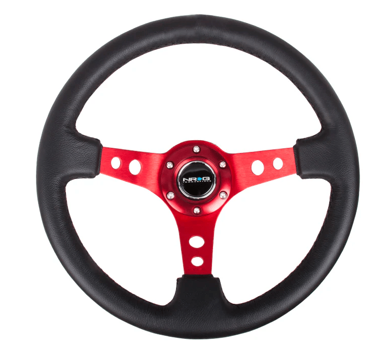 NRG Innovations 350MM Deep Dish Steering Wheel w/ Holes, Red Center, Black Stitching, and Black Leather Grip - RST - 006RD - Subimods.com