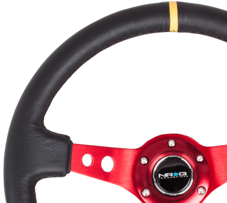 NRG Innovations 350MM Deep Dish Steering Wheel w/ Holes, Red Center, Black Stitching, Yellow Stripe, and Black Leather Grip - RST - 006RD - Y - Subimods.com