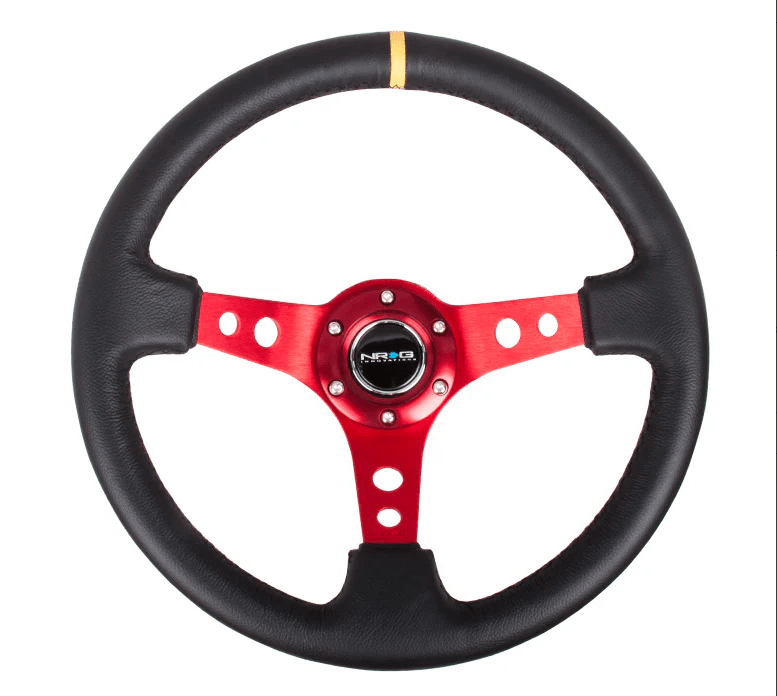NRG Innovations 350MM Deep Dish Steering Wheel w/ Holes, Red Center, Black Stitching, Yellow Stripe, and Black Leather Grip - RST - 006RD - Y - Subimods.com