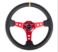 NRG Innovations 350MM Deep Dish Steering Wheel w/ Holes, Red Center, Black Stitching, Yellow Stripe, and Black Leather Grip - RST - 006RD - Y - Subimods.com