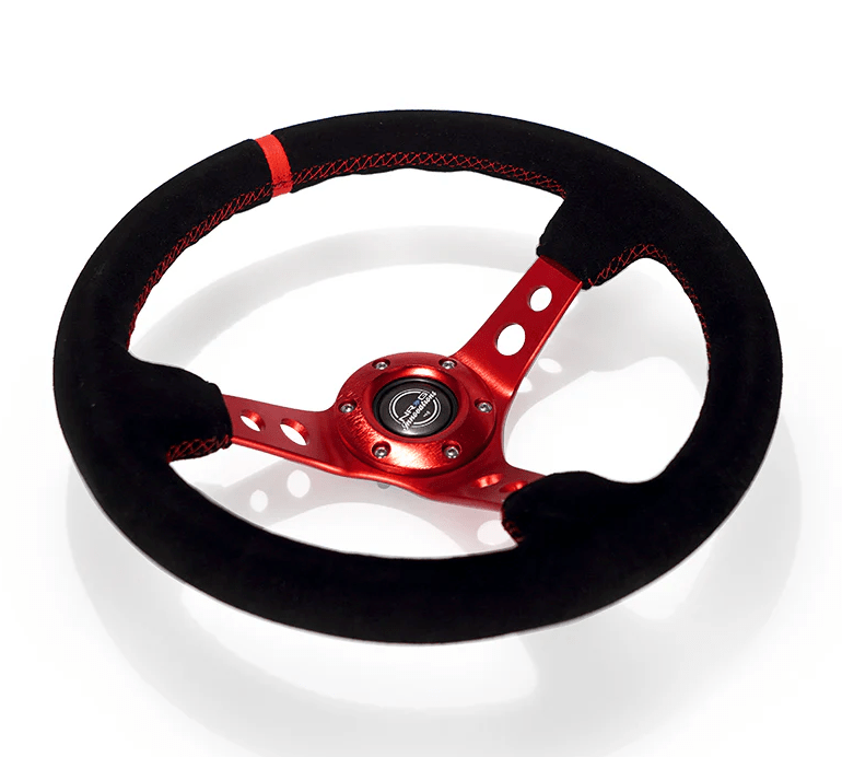 NRG Innovations 350MM Deep Dish Steering Wheel w/ Holes, Red Center, Red Stitching, Red Stripe, and Black Suede Grip - RST - 006S - RD - Subimods.com