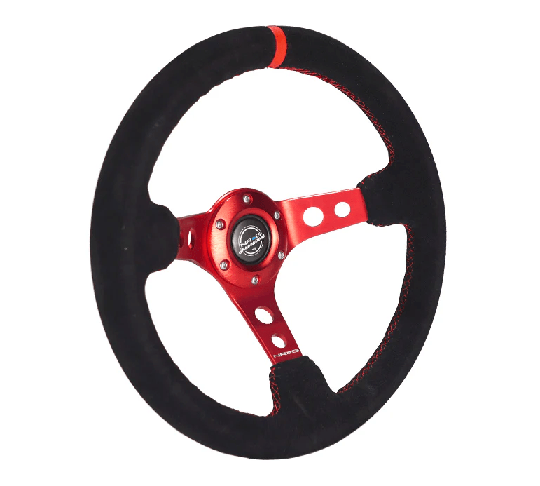 NRG Innovations 350MM Deep Dish Steering Wheel w/ Holes, Red Center, Red Stitching, Red Stripe, and Black Suede Grip - RST - 006S - RD - Subimods.com