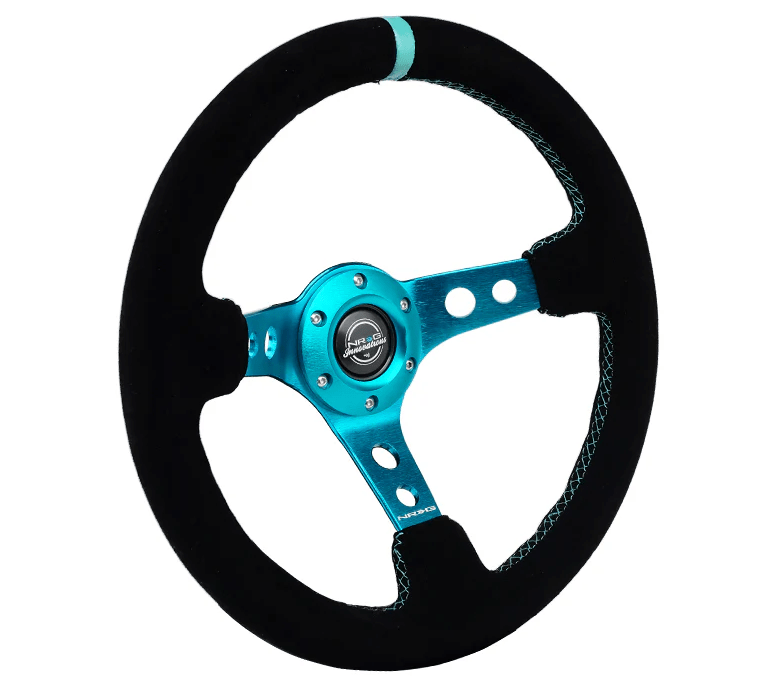 NRG Innovations 350MM Deep Dish Steering Wheel w/ Holes, Teal Center, Teal Stitching, Teal Stripe, and Black Suede Grip - RST - 006S - TL - Subimods.com