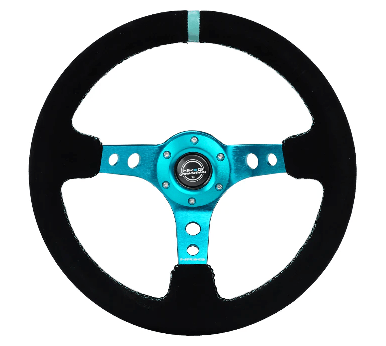 NRG Innovations 350MM Deep Dish Steering Wheel w/ Holes, Teal Center, Teal Stitching, Teal Stripe, and Black Suede Grip - RST - 006S - TL - Subimods.com