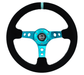 NRG Innovations 350MM Deep Dish Steering Wheel w/ Holes, Teal Center, Teal Stitching, Teal Stripe, and Black Suede Grip - RST - 006S - TL - Subimods.com