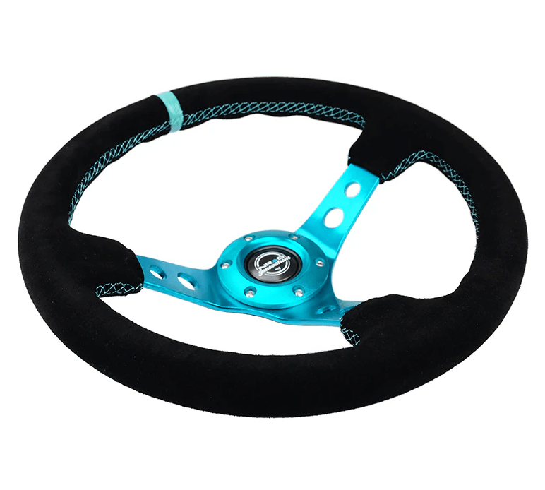 NRG Innovations 350MM Deep Dish Steering Wheel w/ Holes, Teal Center, Teal Stitching, Teal Stripe, and Black Suede Grip - RST - 006S - TL - Subimods.com