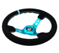 NRG Innovations 350MM Deep Dish Steering Wheel w/ Holes, Teal Center, Teal Stitching, Teal Stripe, and Black Suede Grip - RST - 006S - TL - Subimods.com
