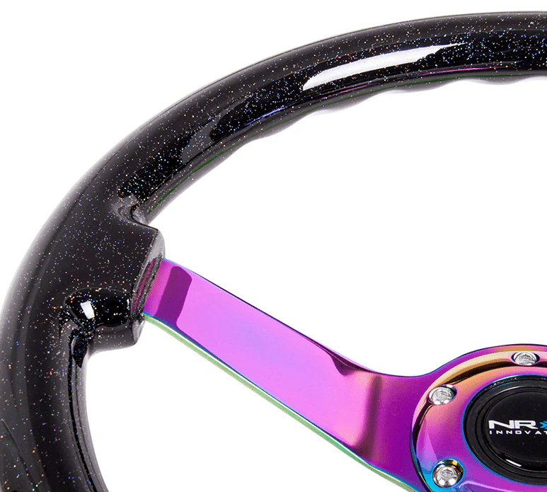 NRG Innovations 350mm Deep Dish Steering Wheel w/ Neochrome Center, and Black Sparkled Woodgrain Grip - RST - 036BSB - MC - Subimods.com