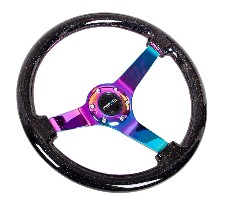 NRG Innovations 350mm Deep Dish Steering Wheel w/ Neochrome Center, and Black Sparkled Woodgrain Grip - RST - 036BSB - MC - Subimods.com