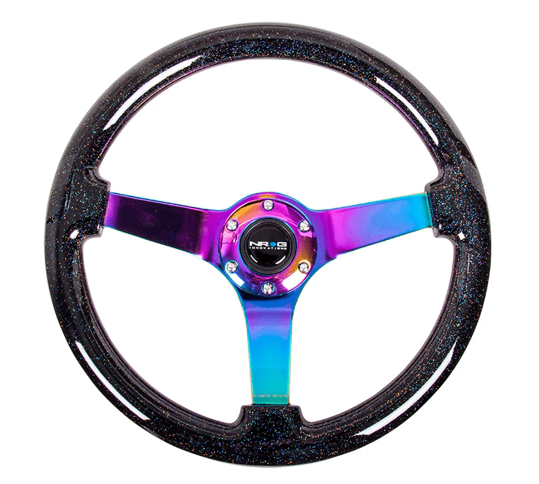 NRG Innovations 350mm Deep Dish Steering Wheel w/ Neochrome Center, and Black Sparkled Woodgrain Grip - RST - 036BSB - MC - Subimods.com