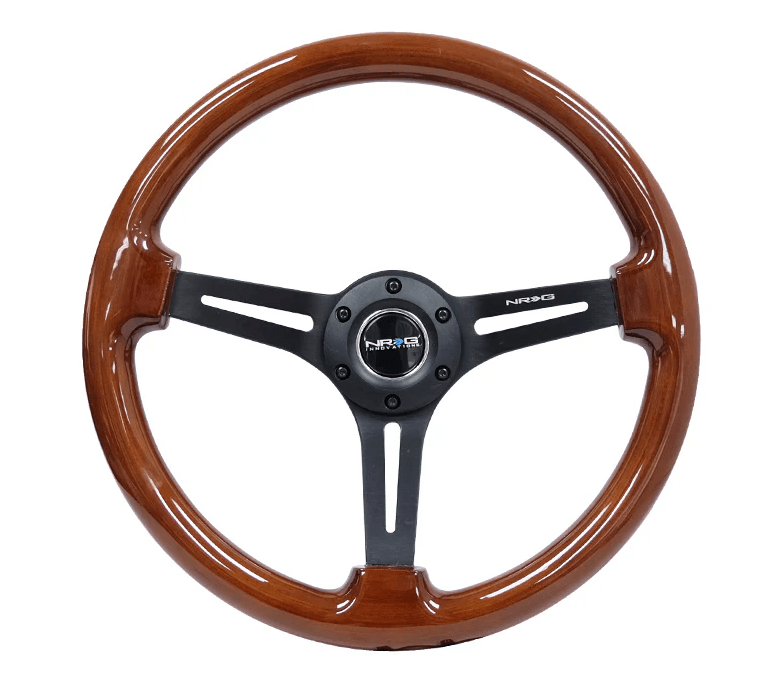 NRG Innovations 350mm Deep Dish Steering Wheel w/ Slits, Black Center, and Woodgrain Grip - RST - 018BR - BK - Subimods.com
