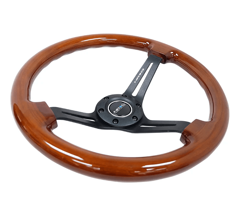 NRG Innovations 350mm Deep Dish Steering Wheel w/ Slits, Black Center, and Woodgrain Grip - RST - 018BR - BK - Subimods.com