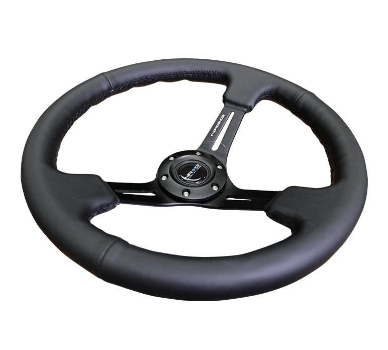 NRG Innovations 350MM Deep Dish Steering Wheel w/ Slits, Black Center, Black Stitching and Black Leather Grip - RST - 018R - Subimods.com