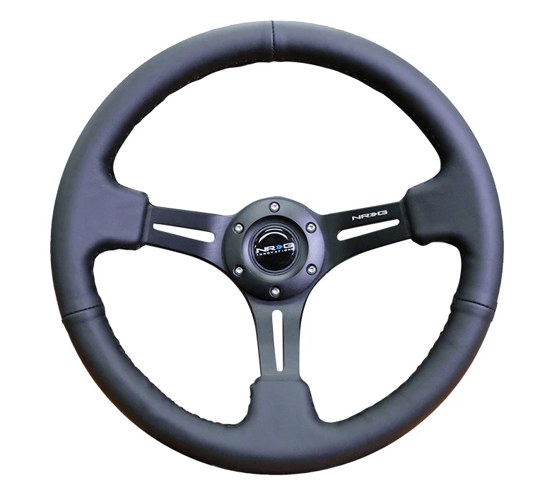 NRG Innovations 350MM Deep Dish Steering Wheel w/ Slits, Black Center, Black Stitching and Black Leather Grip - RST - 018R - Subimods.com