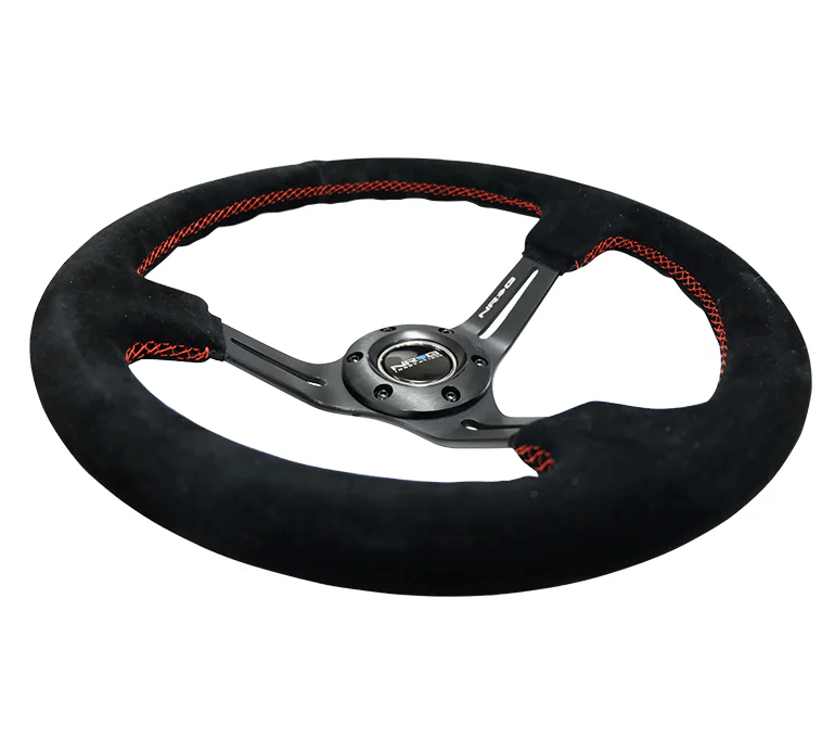 NRG Innovations 350MM Deep Dish Steering Wheel w/ Slits, Black Center, Red Stitching and Black Suede Grip - RST - 018S - RS - Subimods.com