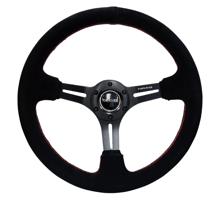 NRG Innovations 350MM Deep Dish Steering Wheel w/ Slits, Black Center, Red Stitching and Black Suede Grip - RST - 018S - RS - Subimods.com