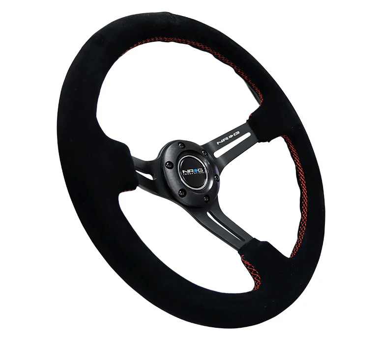 NRG Innovations 350MM Deep Dish Steering Wheel w/ Slits, Black Center, Red Stitching and Black Suede Grip - RST - 018S - RS - Subimods.com