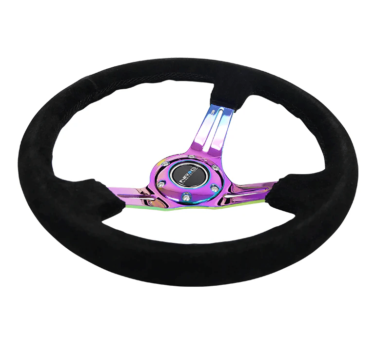 NRG Innovations 350MM Deep Dish Steering Wheel w/ Slits, Neochrome Center, Black Stitching and Black Suede Grip - RST - 018S - MCBS - Subimods.com