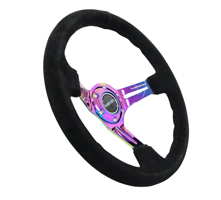NRG Innovations 350MM Deep Dish Steering Wheel w/ Slits, Neochrome Center, Black Stitching and Black Suede Grip - RST - 018S - MCBS - Subimods.com