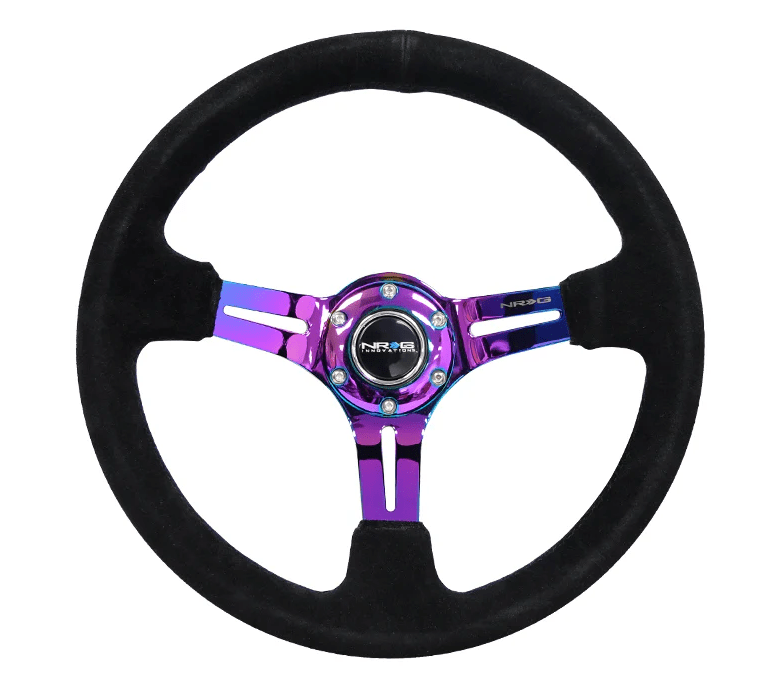 NRG Innovations 350MM Deep Dish Steering Wheel w/ Slits, Neochrome Center, Black Stitching and Black Suede Grip - RST - 018S - MCBS - Subimods.com
