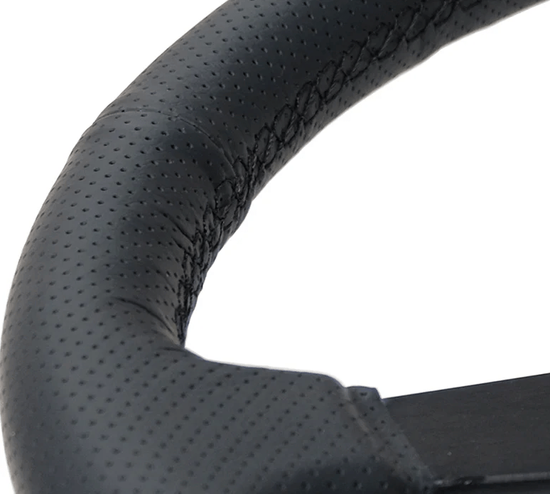 NRG Innovations 350MM Flat Steering Wheel w/ Black Center, Black Stitching and Black Perforated Leather Grip - RST - 037MB - PR - Subimods.com